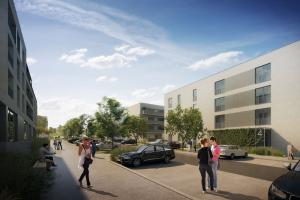 Pohled na centrální ulici a bytový dům BD 4 a BD 5 Pohled na centrální ulici a bytový dům BD 4 a BD 5