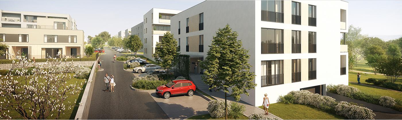 Pohled na hlavní ulici a bytový dům BD 2 Pohled na hlavní ulici a bytový dům BD 2