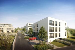 Pohled na hlavní ulici a bytový dům BD 2 Pohled na hlavní ulici a bytový dům BD 2