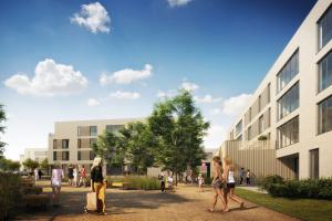 Pohled na náměstí a bytový dům BD 1 Pohled na náměstí a bytový dům BD 1