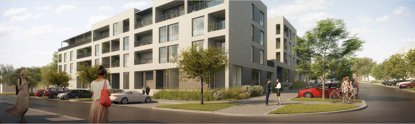 Pohled na nároží bytového domu BD 1 Pohled na nároží bytového domu BD 1