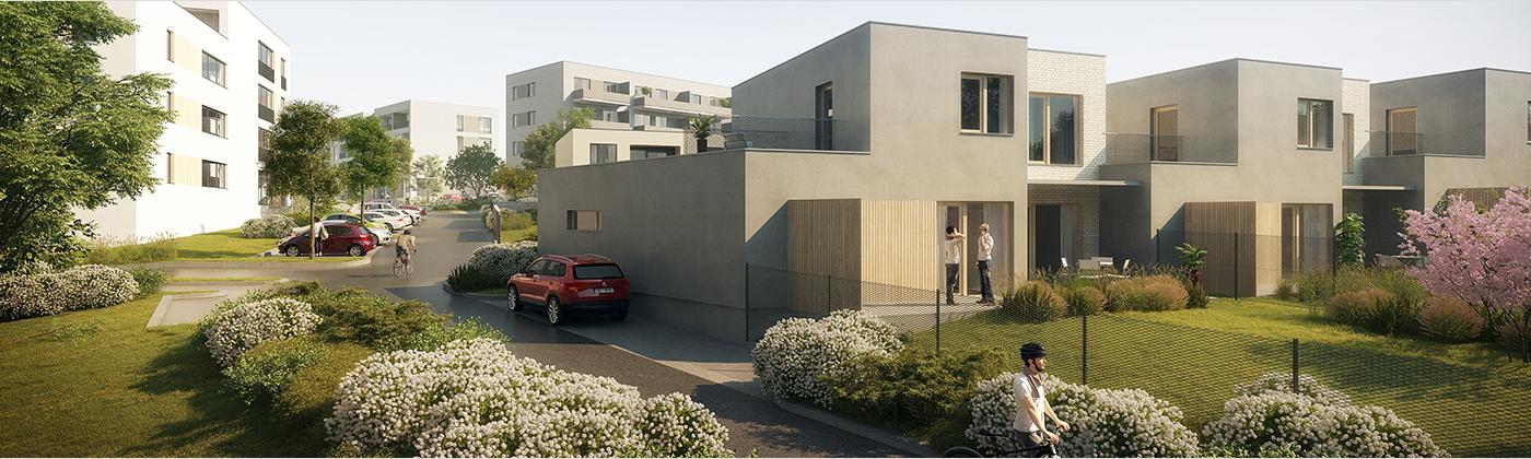 Pohled od potoka na zahradní fasády - řadový dům C Pohled od potoka na zahradní fasády - řadový dům C