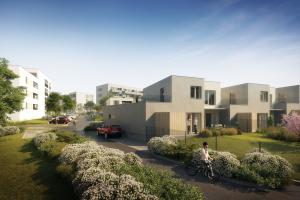 Pohled od potoka na zahradní fasády - řadový dům C Pohled od potoka na zahradní fasády - řadový dům C