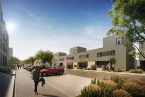 Pohled z příjezdové komunikace na čelní stranu řadových domů A Pohled z příjezdové komunikace na čelní stranu řadových domů A